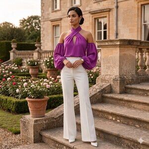 Boutique Vintage Keyhole Choker Off Shoulder Bishop Sleeve Satin Top